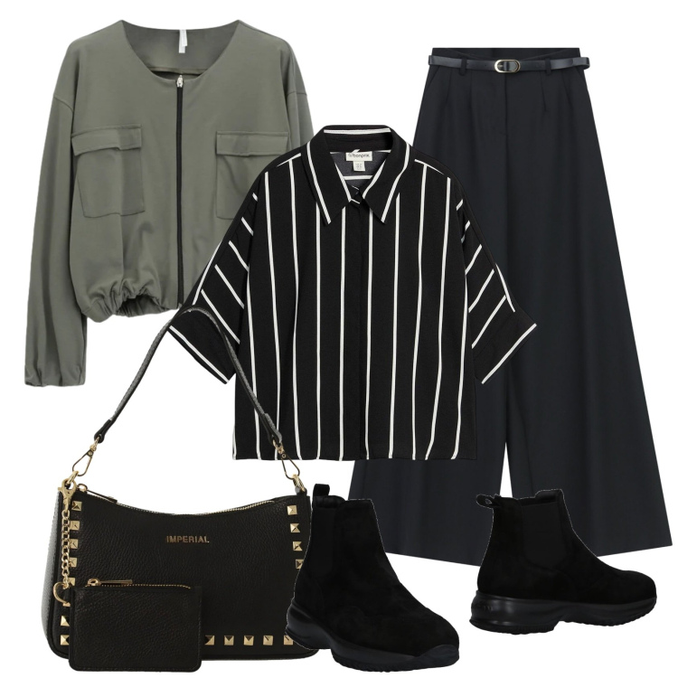 Outfit donna - Total look #2388476. Stile Casual chic per Ufficio. Abbinamento con stivaletti chelsea, camicie a manica corta, pantaloni a palazzo, bomber, borse a spalla.