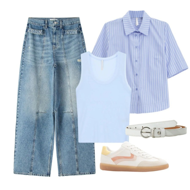 Outfit donna - Denim chiaro di primavera. Stile Casual per Tutti i giorni. Abbinamento con sneakers, jeans, top, camicie a manica corta, cinture.
