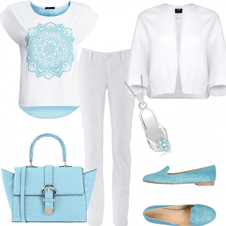 Outfit donna - Basic bianco e azzurro cielo. Stile Basic per Tutti i giorni. Abbinamento con pantaloni, mocassini, borsa a mano con manico e stampa taglia media con zip interno foderato in pelle sintetica tinta unita, t-shirt con stampa chiffon aderente bianco, blazer aderente bianco, collana con catenina argento.