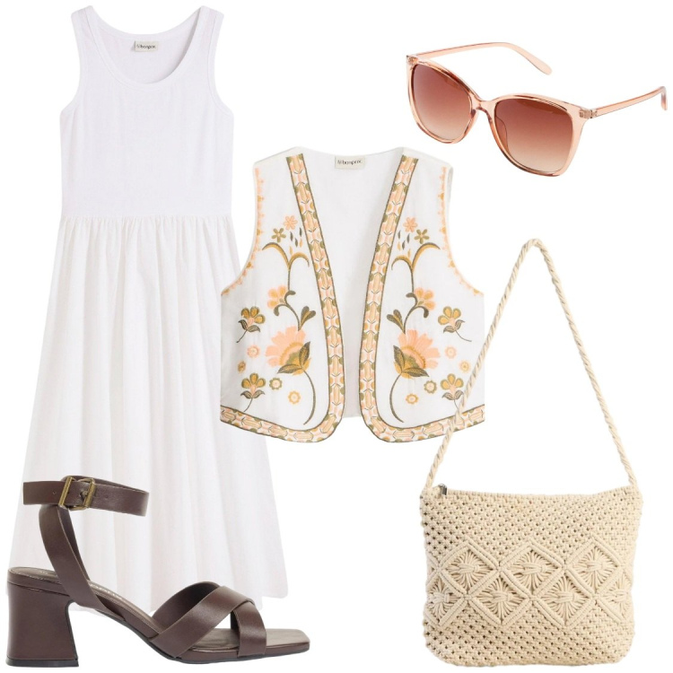 Outfit donna - ​Ricami Floreali e Passione Macramè. Stile Boho per Tutti i giorni. Abbinamento con vestiti, gilet, occhiali da sole, borse a tracolla, sandali col tacco.