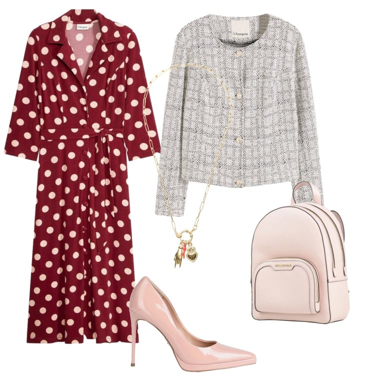 Outfit donna - Total look #2388482. Stile Casual chic per Ufficio. Abbinamento con décolleté, zaini, cardigans, vestiti chemisier, ciondoli.