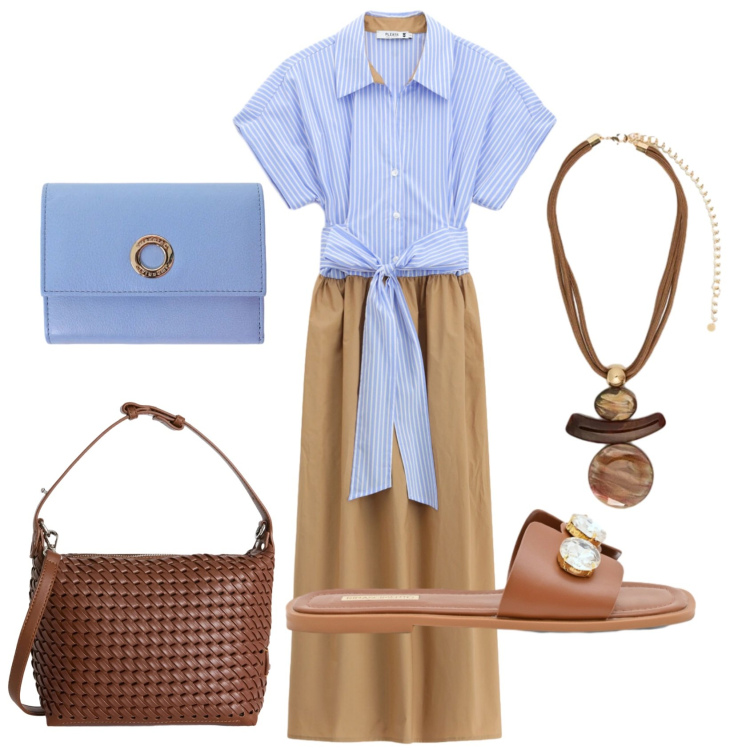 Outfit donna - Total look #2388483. Stile Casual chic per Ufficio. Abbinamento con portafogli, sandali gioiello, ciondoli, vestiti midi/longuette, borse a spalla.