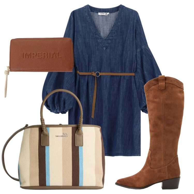 Outfit donna - Total look #2388484. Stile Etnico per Ufficio. Abbinamento con stivali, portafogli, vestiti corti, shopping bag.