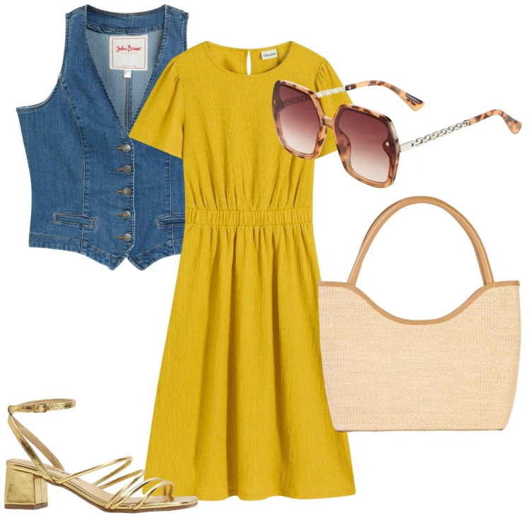 Outfit donna - ​Vibrazioni Boho e Oro ai Piedi. Stile Boho per Serata fuori. Abbinamento con vestiti, gilet, occhiali da sole, shopping bag, sandali col tacco.