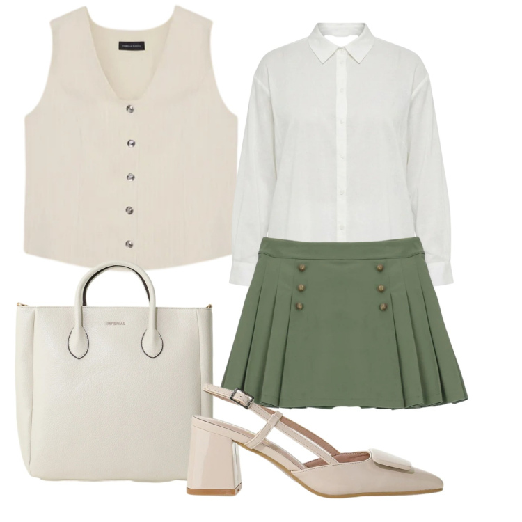 Outfit donna - Total look #2388494. Stile Preppy per Ufficio. Abbinamento con décolleté, borse a tracolla, gilet, camicie, minigonne.