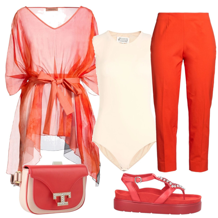 Outfit donna - Primaverile. Stile Trendy per Tutti i giorni. Abbinamento con top, body, pantaloni, ciabatte, marsupi.