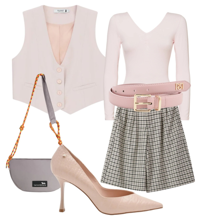 Outfit donna - Total look #2388500. Stile Preppy per Ufficio. Abbinamento con bermuda, cinture, décolleté, gilet, borse a tracolla, body.