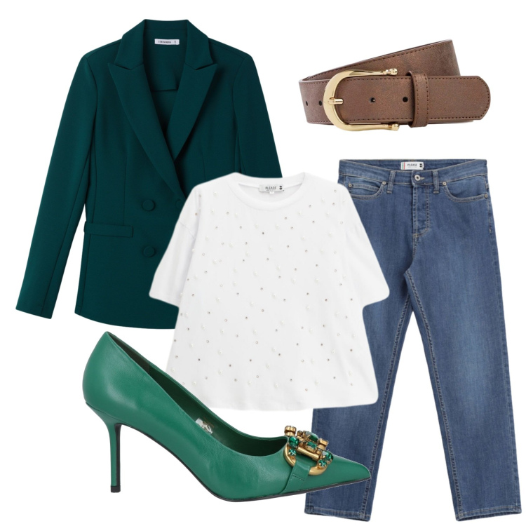 Outfit donna - Total look #2388504. Stile Casual chic per Ufficio. Abbinamento con décolleté, cinture, blazer, t-shirt, jeans.