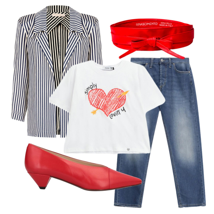 Outfit donna - Total look #2388505. Stile Trendy per Ufficio. Abbinamento con décolleté, jeans dritti, t-shirt, cinture, blazer.