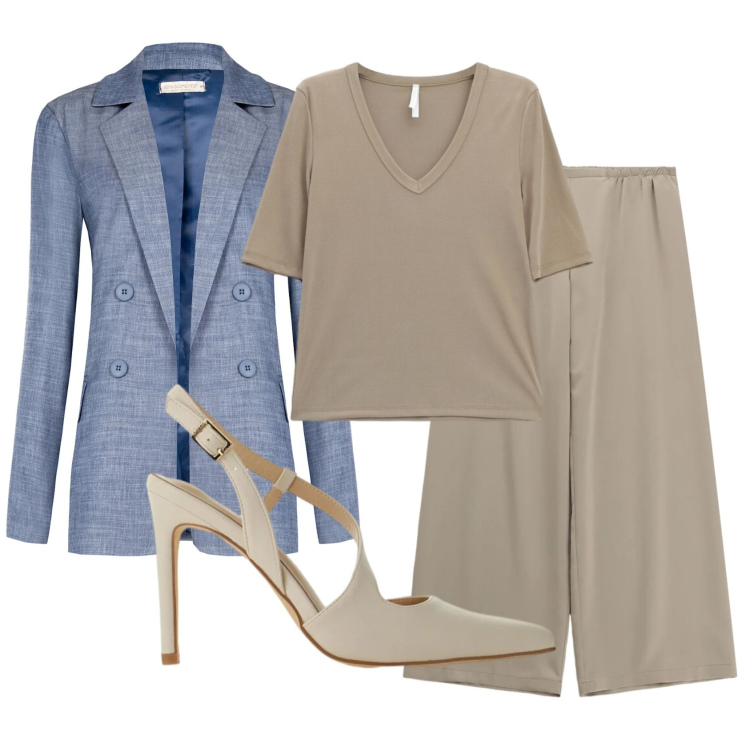 Outfit donna - Total look #2388506. Stile Casual chic per Ufficio. Abbinamento con pantaloni a palazzo, décolleté, t-shirt, blazer.