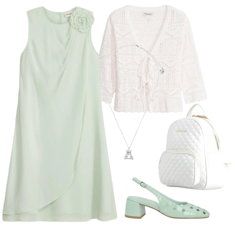 Outfit donna - Semplicemente primavera. Stile Romantica per Tutti i giorni. Abbinamento con zaini, décolleté, vestiti midi/longuette, cardigans, ciondoli.