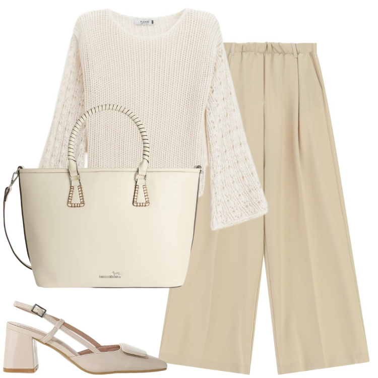 Outfit donna - Total Look Neutro e Texture. Stile Bon Ton per Ufficio. Abbinamento con maglieria, shopping bag, pantaloni a palazzo, décolleté.