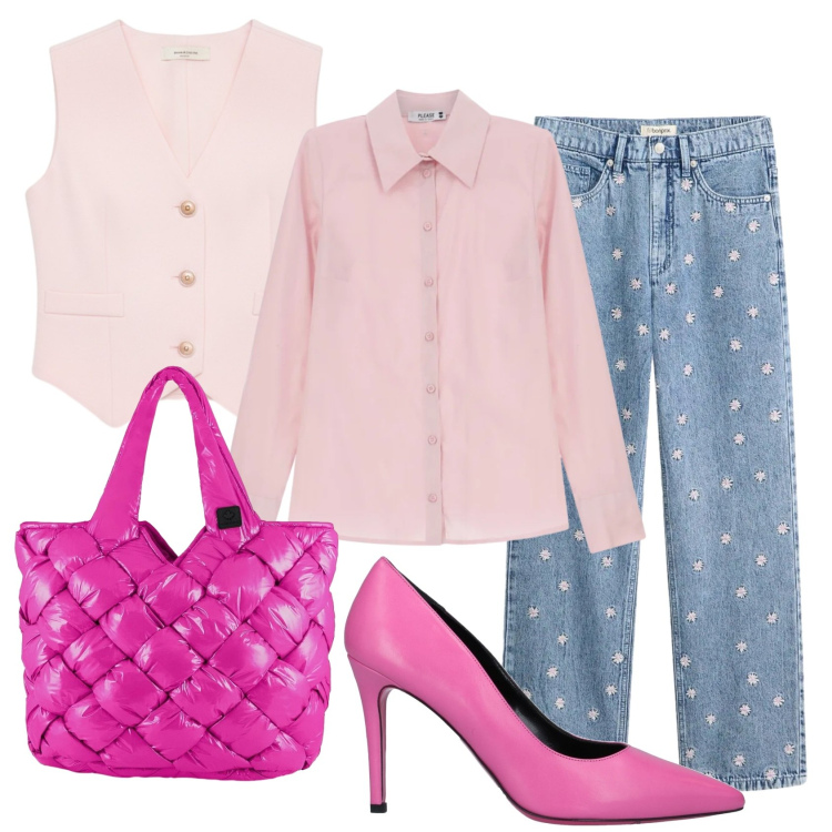 Outfit donna - Total look #2388513. Stile Casual chic per Ufficio. Abbinamento con décolleté, jeans dritti, camicie, gilet, borse tote.
