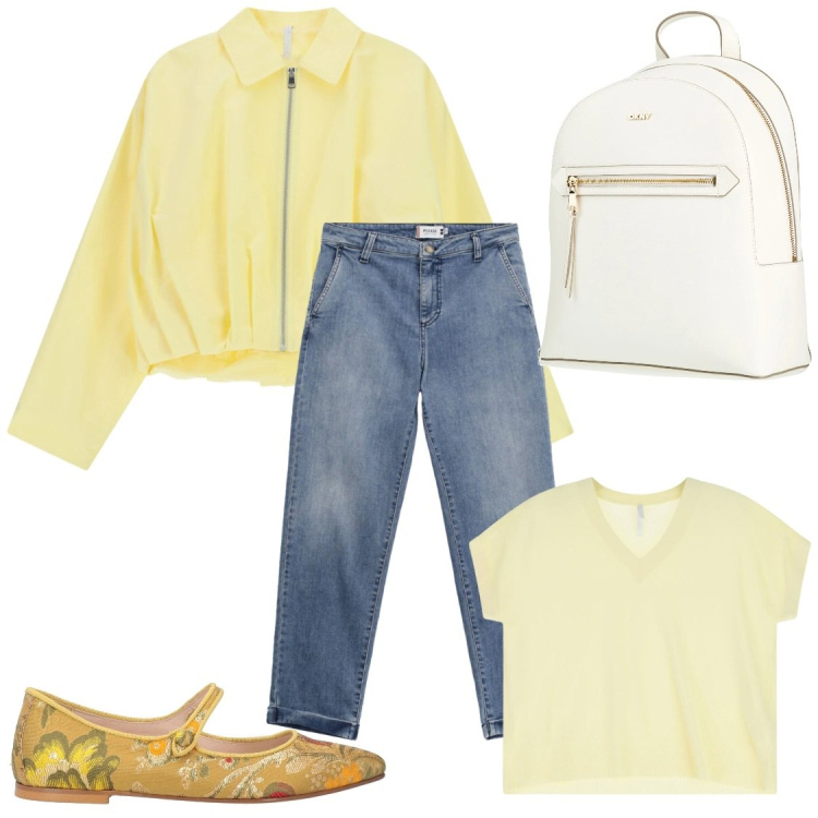 Outfit donna - Risveglio Solare e Dettagli Broccati. Stile Casual chic per Tutti i giorni. Abbinamento con zaini, ballerine, jeans, bomber, t-shirt.