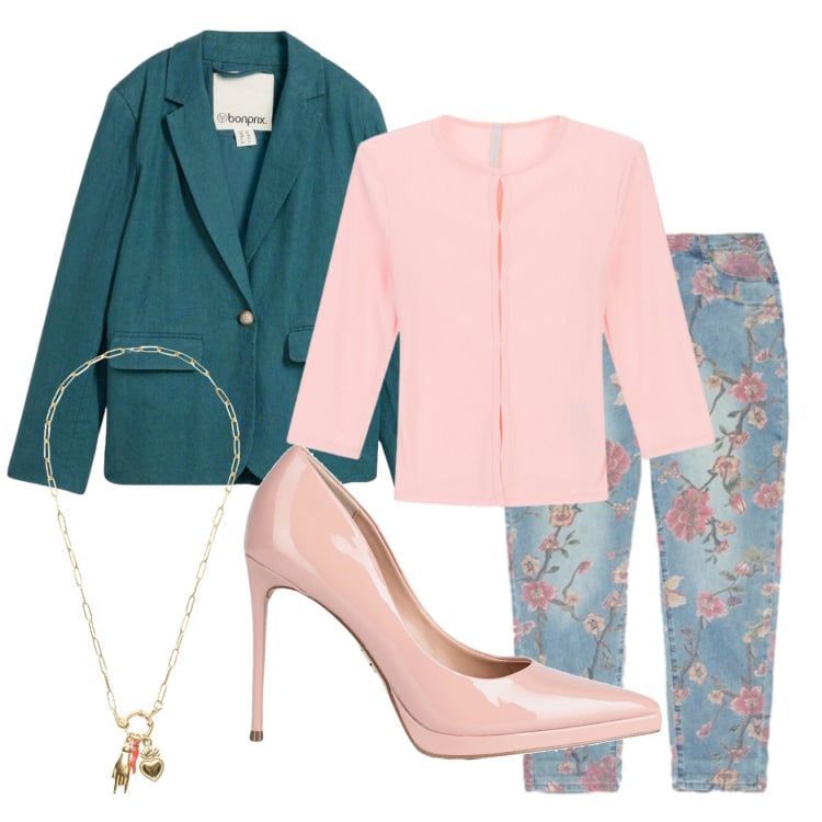 Outfit donna - Total look #2388516. Stile Casual chic per Ufficio. Abbinamento con décolleté, blazer, t-shirt, jeans, ciondoli.