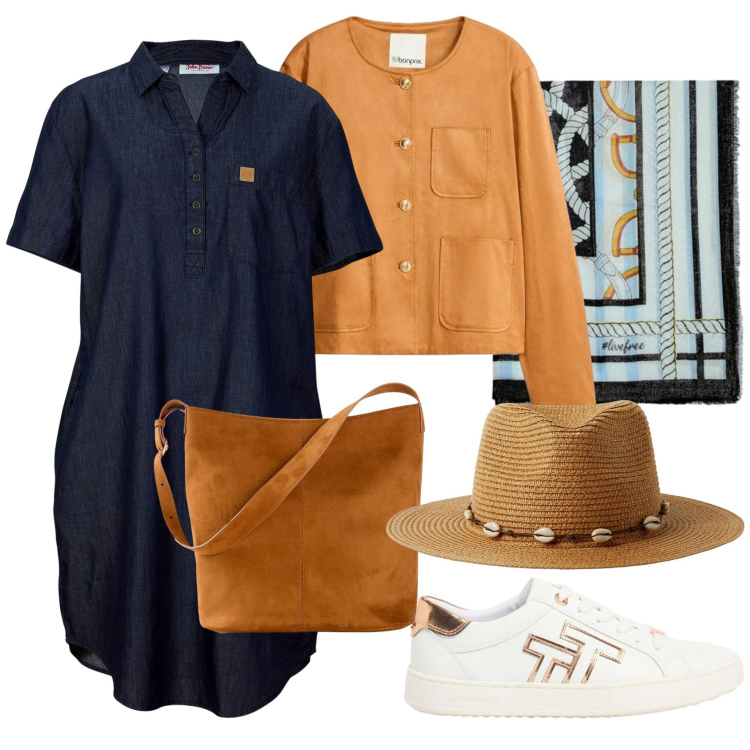 Outfit donna - Al porto in attesa dell\'aliscafo. Stile Sporty chic per Mare. Abbinamento con vestiti, borse a mano, blazer, sneakers, cappelli, foulard.