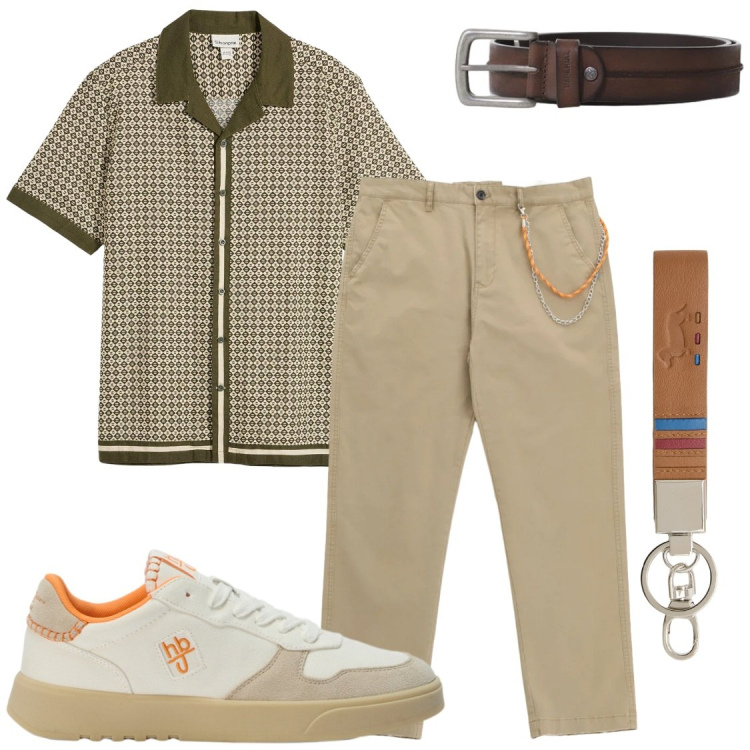 Outfit uomo - Geometrie Olive e Urban Chino. Stile Trendy per Tutti i giorni. Abbinamento con camicie a manica corta, portachiavi, sneakers, pantaloni, cinture.