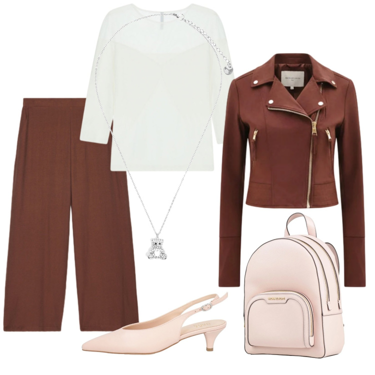 Outfit donna - Total look #2388522. Stile Chic per Ufficio. Abbinamento con zaini, décolleté, top, giacche, pantaloni, ciondoli.