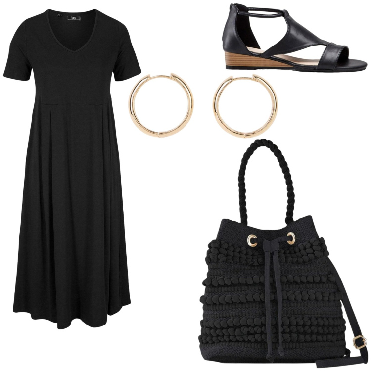 Outfit donna - Boho spring. Stile Boho per Tutti i giorni. Abbinamento con vestiti midi/longuette, borse a secchiello, sandali, orecchini.