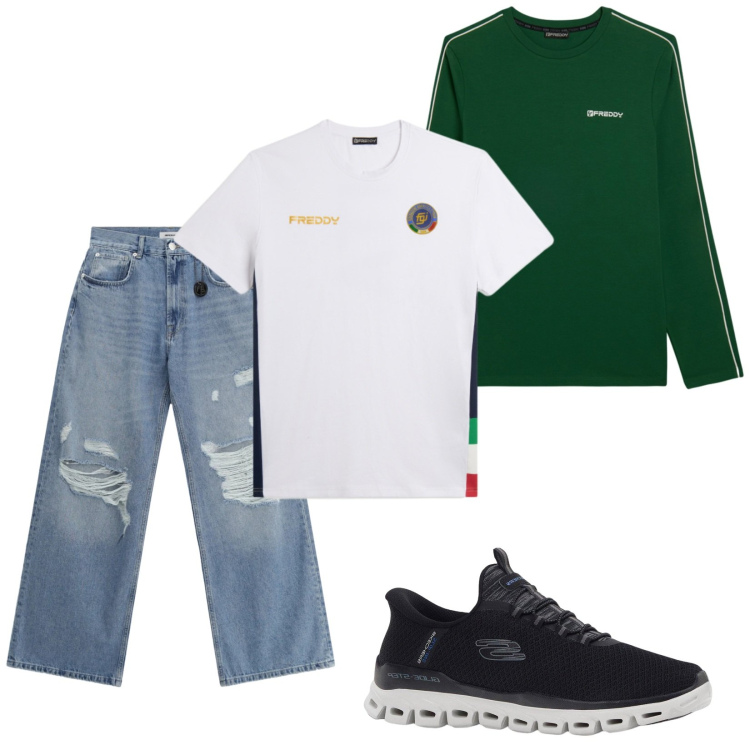 Outfit uomo - Jeans t-shirt e maglietta. Stile Casual per Tutti i giorni. Abbinamento con sneakers, jeans strappati, t-shirt, t-shirt sportive.