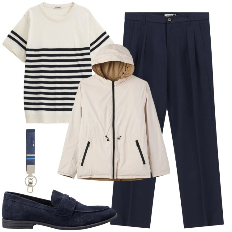 Outfit uomo - Orizzonti Marini e City Style. Stile Trendy per Ufficio. Abbinamento con giacche, pantaloni, maglieria, portachiavi, scarpe stringate.