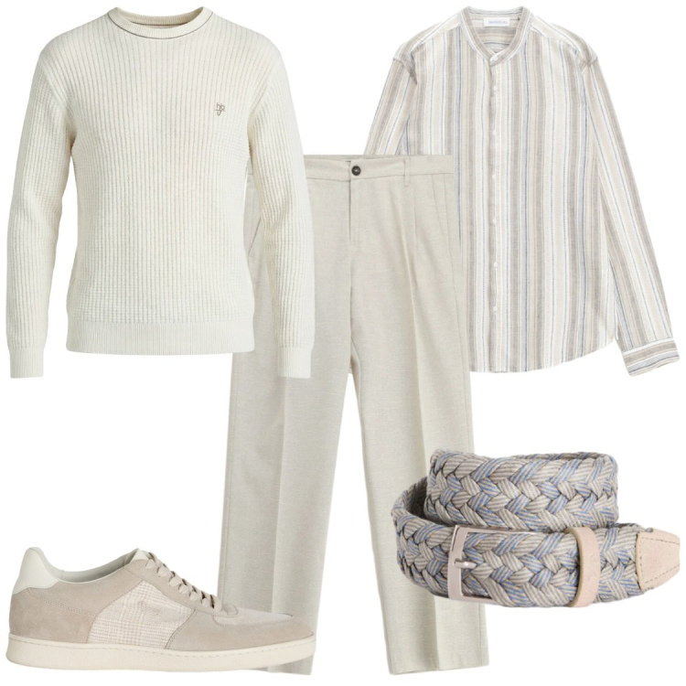 Outfit uomo - Trame di Sabbia e Passi Leggeri. Stile Trendy per Ufficio. Abbinamento con pantaloni, camicie, sneakers, maglieria, cinture.