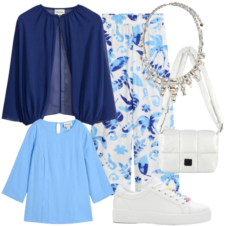 Outfit donna - Alla fiera paesana. Stile Casual per Tutti i giorni. Abbinamento con bolero, bluse, pantaloni, sneakers, collane, borse a spalla.