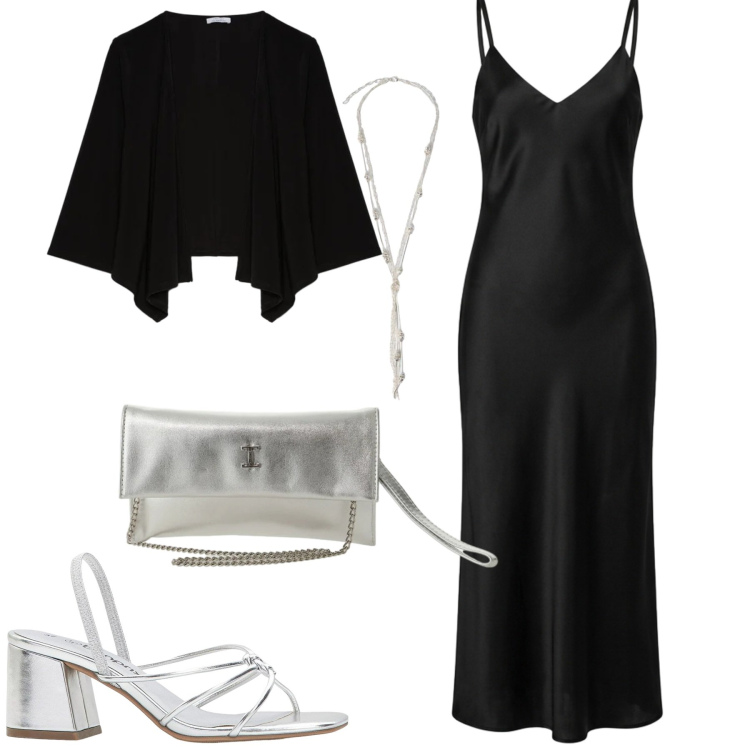 Outfit donna - Serata. Stile Chic per Serata fuori. Abbinamento con sandali col tacco, vestiti lunghi, borse a tracolla, collane, blazer.