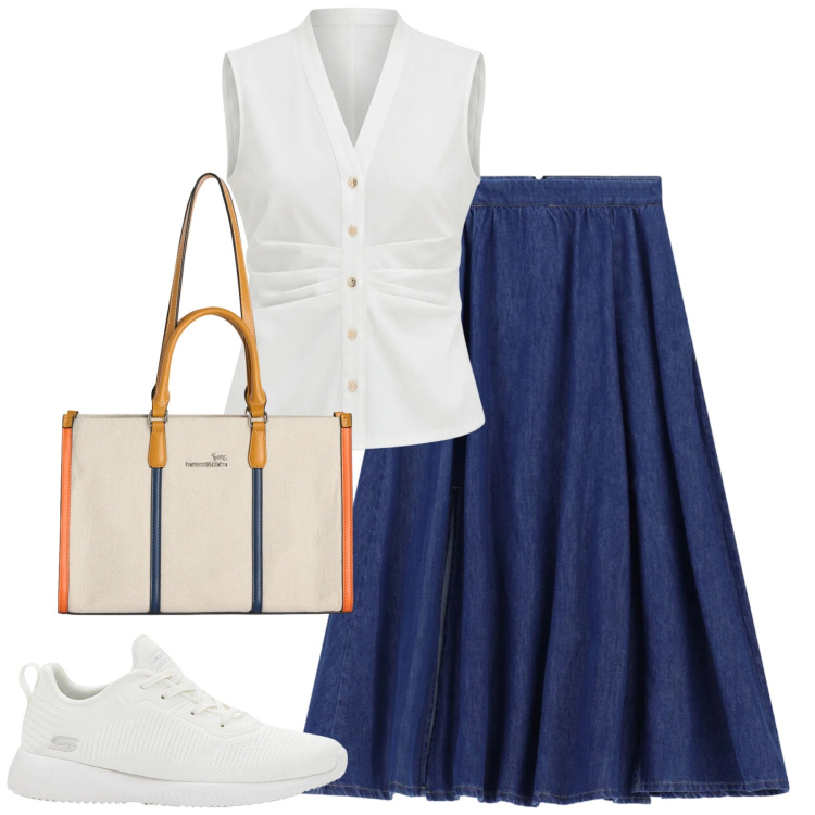 Outfit donna - City. Stile Casual chic per Tutti i giorni. Abbinamento con sneakers, borse tote, gonne lunghe, camicie a manica corta.