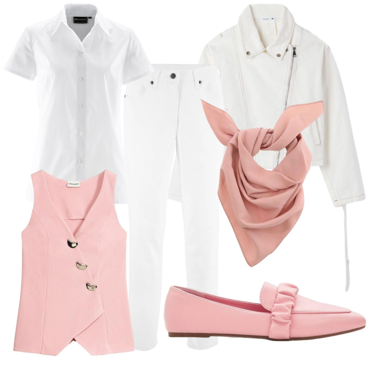 Outfit donna - Dettagli di rosa. Stile Bon Ton per Tutti i giorni. Abbinamento con blazer, camicie a manica corta, pantaloni, mocassini, cappotti, foulard.