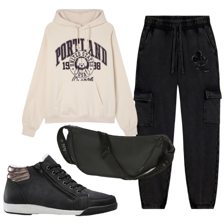 Outfit donna - Total look #2388542. Stile Casual per Sport. Abbinamento con sneakers alte, felpe con cappuccio, pantaloni cargo, marsupi.