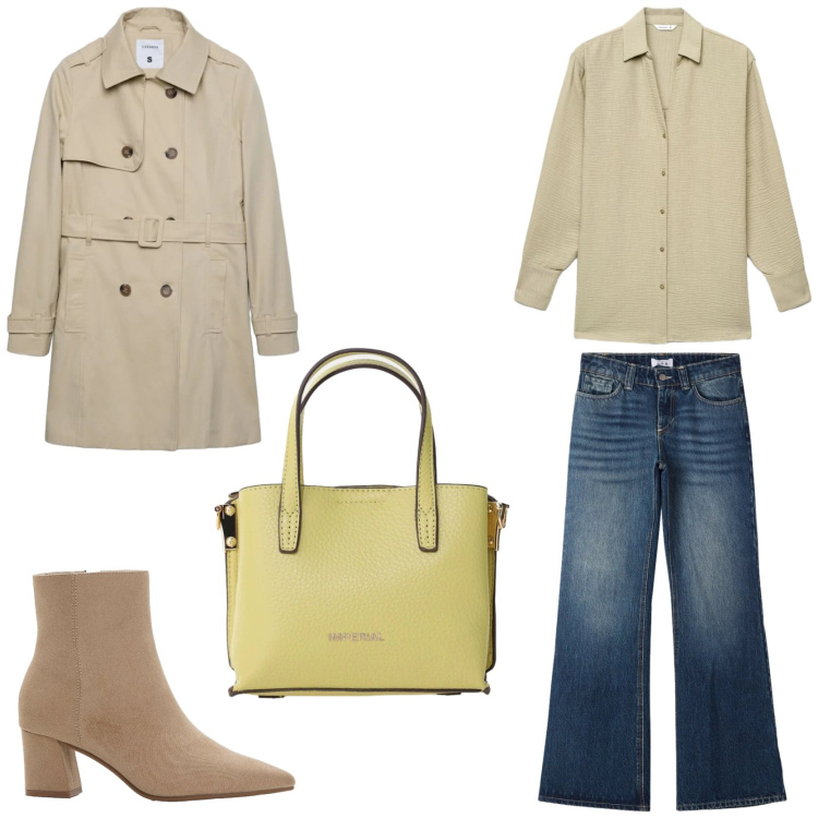 Outfit donna - Modaiola in ufficio. Stile Casual chic per Ufficio. Abbinamento con stivaletti, trench, jeans, camicie, borse a tracolla.
