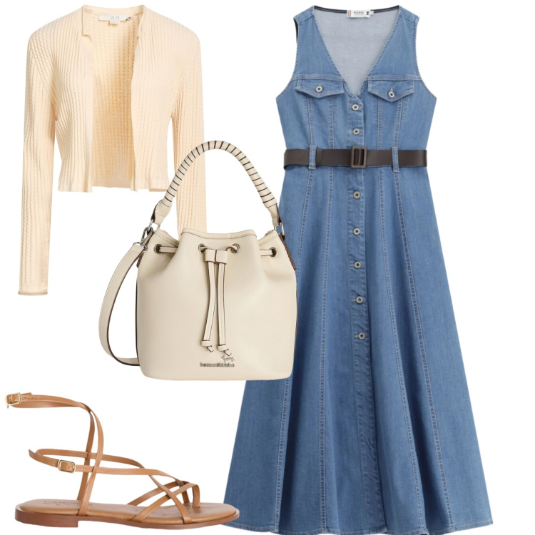 Outfit donna - Aprile. Stile Basic per Tutti i giorni. Abbinamento con cardigans, vestiti midi/longuette, borse a secchiello, sandali in pelle.
