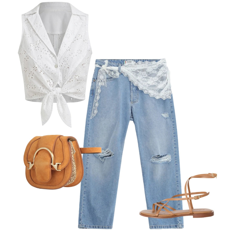 Outfit donna - Coachella light denim mood. Stile Boho per Tutti i giorni. Abbinamento con marsupi, jeans strappati, sandali in pelle, top.