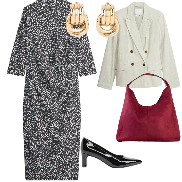 Outfit donna - Bonprix. per Serata fuori. Abbinamento con borse a spalla, vestiti lunghi, orecchini, décolleté, blazer.