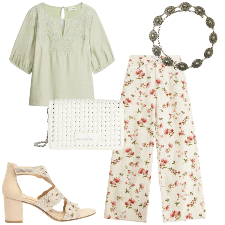 Outfit donna - Floreale. Stile Romantica per Tutti i giorni. Abbinamento con bluse, sandali col tacco, cinture, pantaloni a palazzo, borse a tracolla.