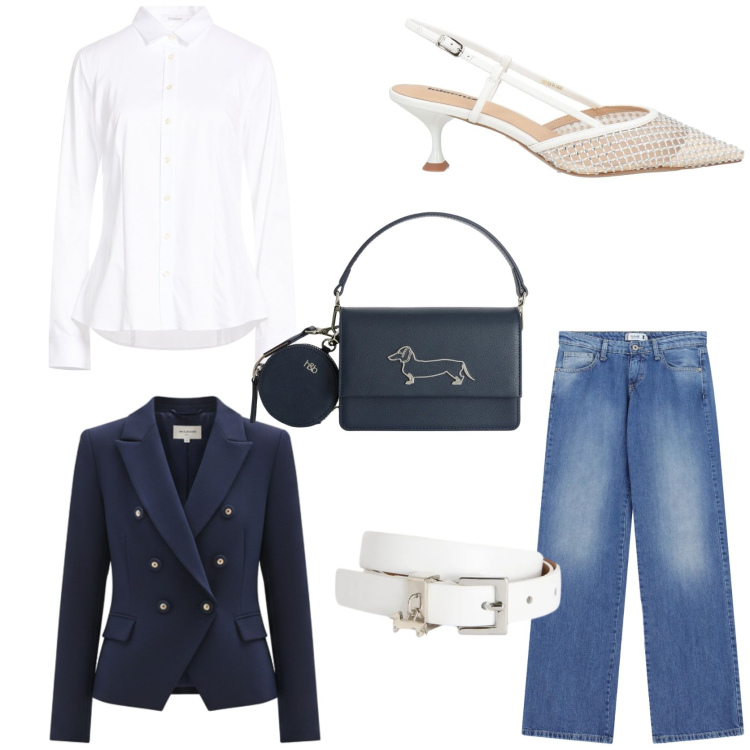 Outfit donna - La camicia bianca evergreen. Stile Chic per Tutti i giorni. Abbinamento con camicie, décolleté, blazer, jeans dritti, cinture, borse a tracolla.