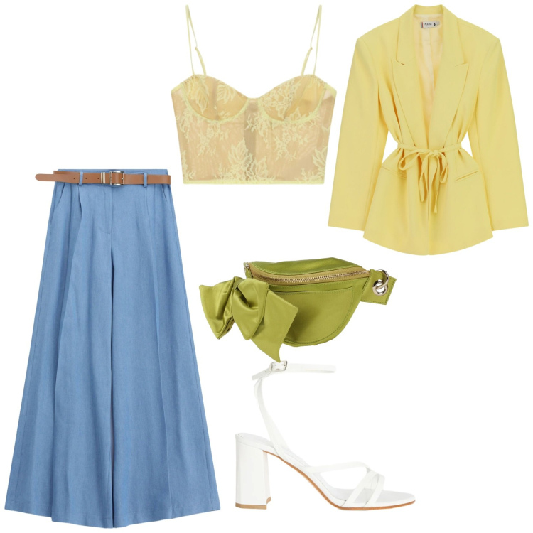 Outfit donna - Serata fuori. per Serata fuori. Abbinamento con marsupi, canottiere, jeans, blazer, sandali in pelle.