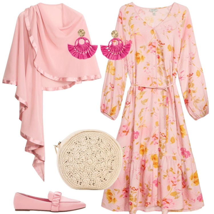 Outfit donna - Total look #2388556. Stile Boho per Tutti i giorni. Abbinamento con vestiti midi/longuette, mocassini, orecchini, borse a tracolla, stole.