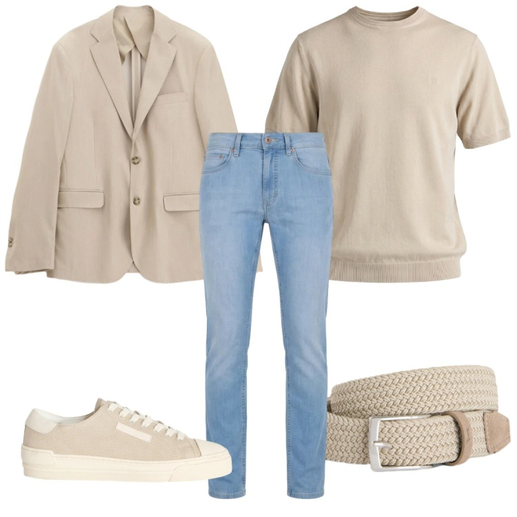Outfit uomo - ​Beige & Denim: Il Nuovo Minimalismo. Stile Casual per Tutti i giorni. Abbinamento con giacche, cinture, sneakers, jeans, t-shirt.