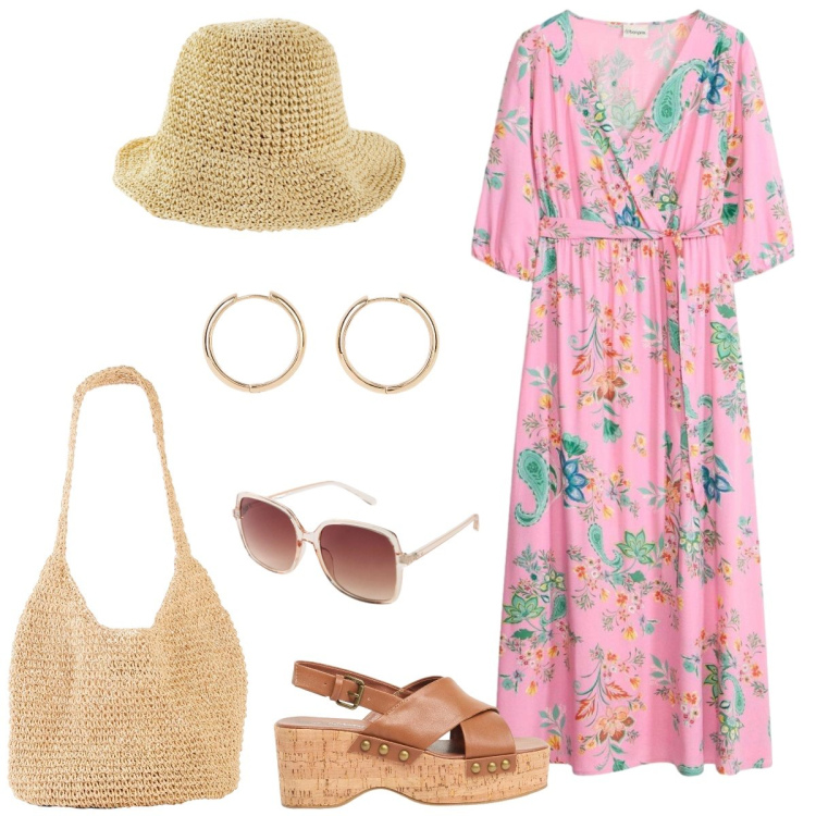 Outfit donna - Total look #2388565. Stile Boho per Tutti i giorni. Abbinamento con vestiti midi/longuette, zeppe, cappelli, occhiali da sole, orecchini, shopping bag.
