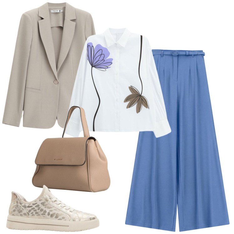 Outfit donna - City. Stile Trendy per Tutti i giorni. Abbinamento con zaini, sneakers, blazer, camicie, pantaloni a palazzo.