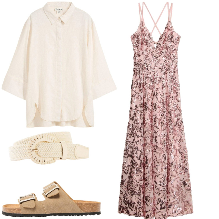 Outfit donna - Abito a fiori. Stile Boho per Tutti i giorni. Abbinamento con camicie, vestiti lunghi, cinture, ciabatte.
