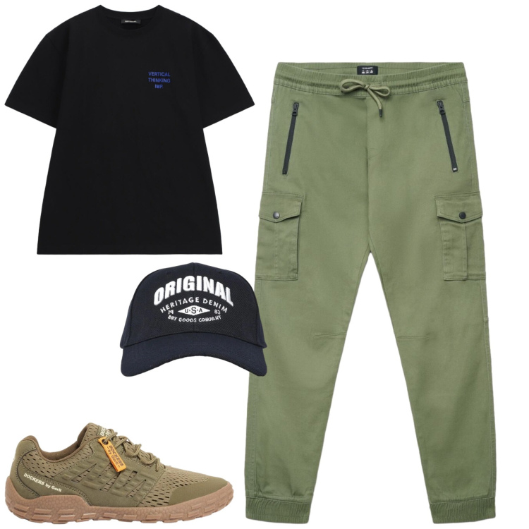 Outfit uomo - Total look #2388574. Stile Casual per Tutti i giorni. Abbinamento con sneakers, cappelli con visiera, pantaloni cargo, t-shirt.