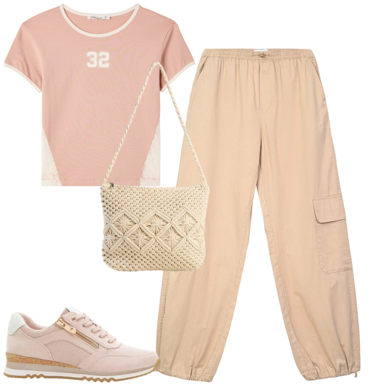 Outfit donna - City. Stile Casual per Tutti i giorni. Abbinamento con sneakers, borse a tracolla, pantaloni cargo, t-shirt.