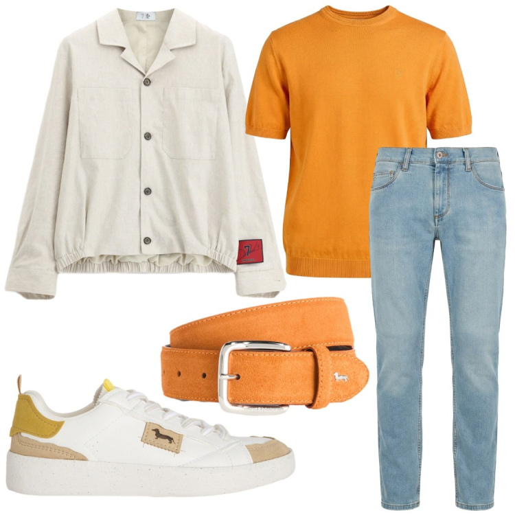 Outfit uomo - ​Energia Mango e Cieli d\'Aprile. Stile Casual per Tutti i giorni. Abbinamento con cappotti, jeans slim fit, sneakers, cinture, t-shirt.
