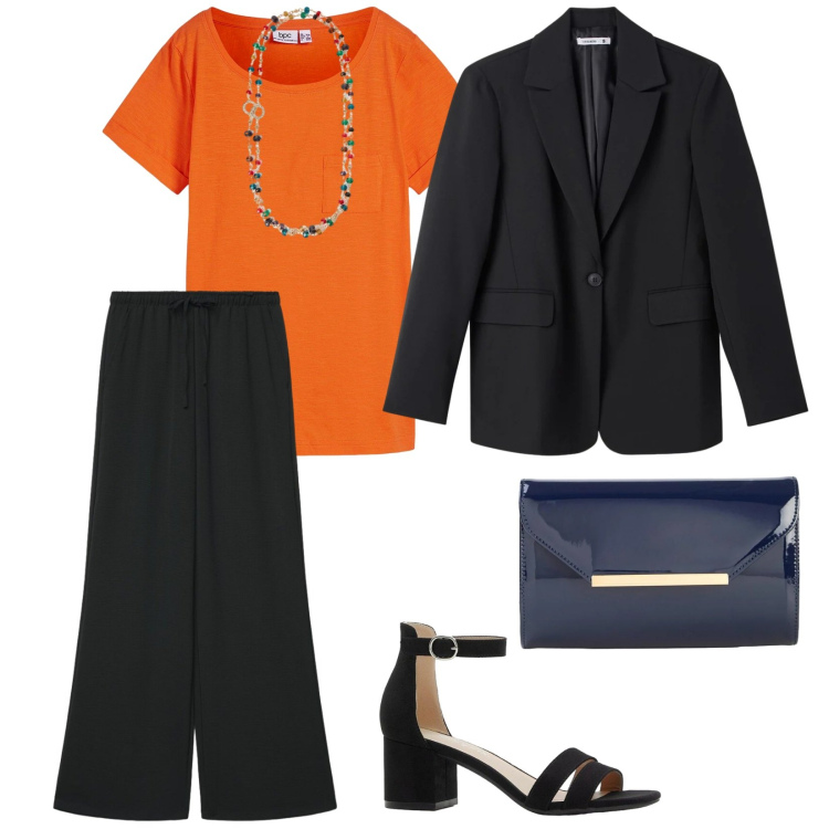 Outfit donna - Arancione top. per Tutti i giorni. Abbinamento con t-shirt, sandali col tacco, pochette, pantaloni, blazer, collane.