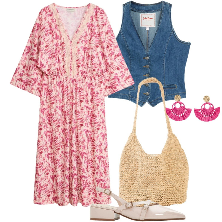 Outfit donna - Bonprix - Boho Spring Vibes. Stile Boho per Tutti i giorni. Abbinamento con gilet, décolleté, vestiti, orecchini, shopping bag.