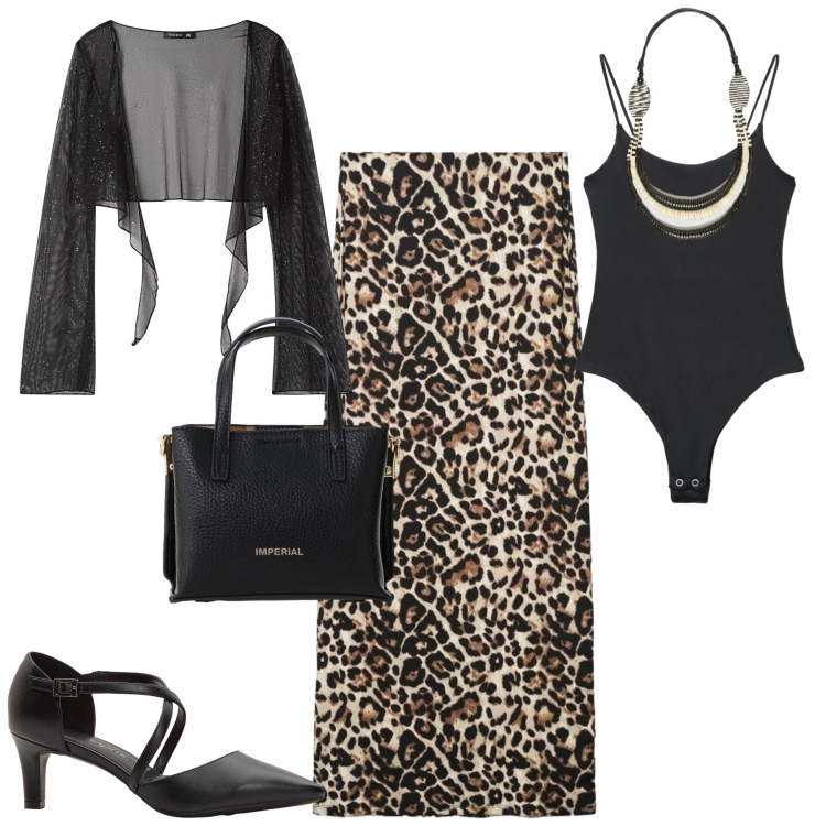 Outfit donna - Serata. Stile Glamour per Serata fuori. Abbinamento con décolleté, blazer, gonne lunghe, top, collane, borse a tracolla.