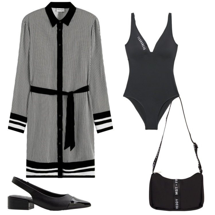 Outfit donna - Prima gita fuori porta di stagione. Stile Casual chic per Mare. Abbinamento con décolleté, vestiti, costumi interi, borse a tracolla.